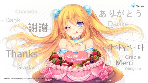 Anime picture 1920x1080 with microsoft aizawa hikaru shinia single long hair blush highres blue eyes blonde hair wide image one eye closed wink inscription :p happy birthday girl hair ornament sweets hair tie cake