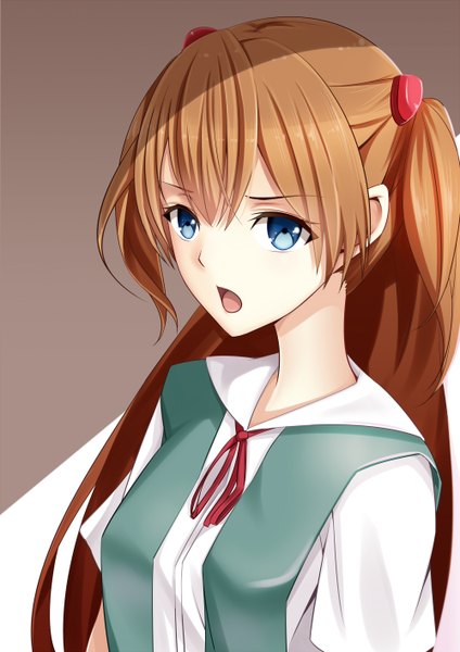 Anime picture 1000x1414 with neon genesis evangelion gainax soryu asuka langley solano single long hair tall image looking at viewer open mouth blue eyes orange hair girl uniform hair ornament school uniform