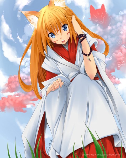 Anime picture 1000x1250 with original sabaku-no-hana single long hair tall image open mouth blue eyes cloud (clouds) orange hair fox ears fox girl miko girl