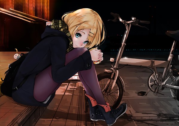 Anime picture 1200x847 with vocaloid kagamine rin mille (dieci) single blue eyes blonde hair girl pantyhose scarf ground vehicle sneakers bicycle