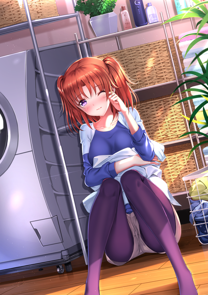 Anime picture 1102x1560 with mikakunin de shinkoukei doga kobo yonomori kobeni swordsouls single tall image looking at viewer blush short hair purple eyes red hair one eye closed two side up knees together feet apart girl plant (plants) pantyhose shorts short shorts washing machine