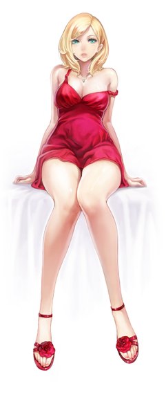 Anime picture 600x1491 with original fasces single tall image looking at viewer short hair breasts blue eyes light erotic simple background blonde hair white background sitting bent knee (knees) girl dress pendant short dress red dress