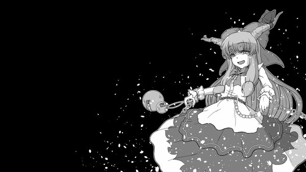 Anime picture 1920x1080 with touhou ibuki suika sunatoshi single long hair looking at viewer fringe highres open mouth simple background smile wide image payot blunt bangs horn (horns) wallpaper sleeveless black background monochrome outline