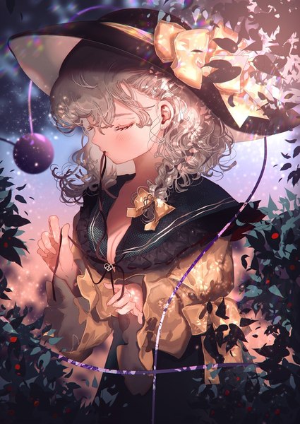 Anime picture 850x1200 with touhou komeiji koishi majamari single long hair tall image fringe hair between eyes holding cleavage silver hair upper body braid (braids) eyes closed mouth hold sailor collar ribbon in mouth untying girl plant (plants)