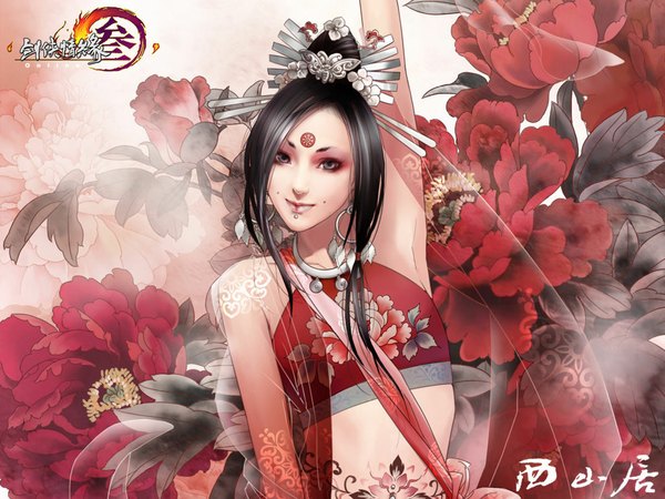 Anime picture 1024x768 with jianxia qingyuan 3 zhang xiao bai single long hair looking at viewer black hair bare shoulders light smile lips realistic midriff grey eyes tattoo piercing eyeshadow face paint floral background girl flower (flowers) earrings