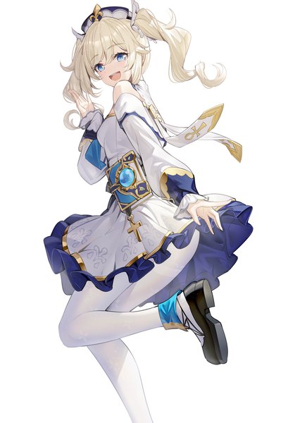 Anime picture 900x1320 with genshin impact barbara (genshin impact) ririko (zhuoyandesailaer) single long hair tall image open mouth blue eyes simple background blonde hair standing white background twintails looking away :d drill hair standing on one leg girl detached sleeves pantyhose
