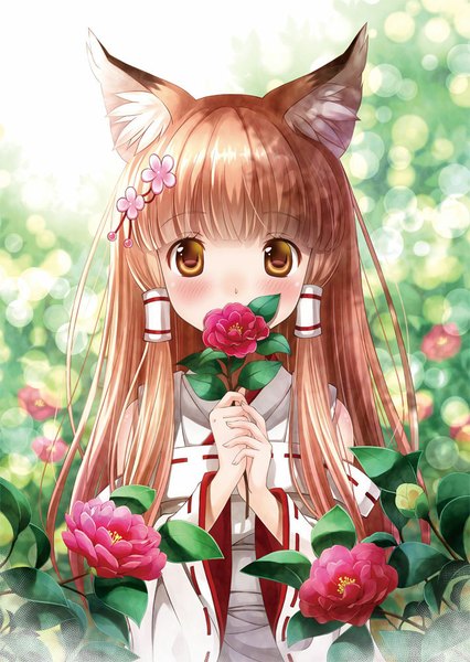 Anime picture 710x1000 with original akisaki rio single tall image looking at viewer blush brown hair animal ears yellow eyes traditional clothes fox ears fox girl miko girl hair ornament flower (flowers)