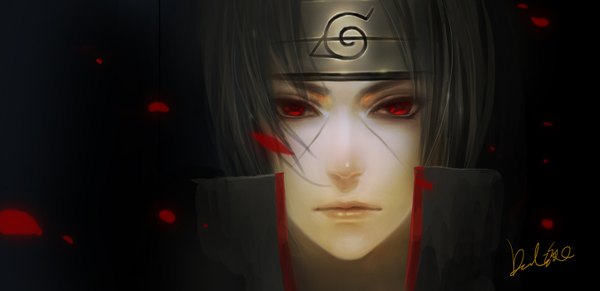 Anime picture 1441x700 with naruto studio pierrot naruto (series) uchiha itachi devilhun single looking at viewer short hair black hair simple background red eyes wide image signed lips facial mark black background portrait face akatsuki sharingan