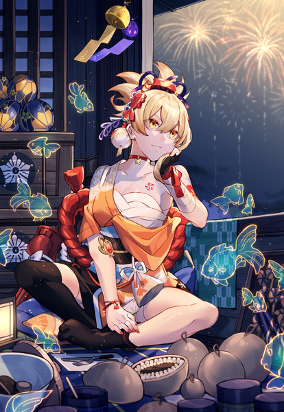 Anime picture 1381x2000 with genshin impact yoimiya (genshin impact) slime (genshin impact) hizuki miya single tall image fringe short hair blonde hair hair between eyes sitting yellow eyes looking away indoors head rest fireworks indian style girl hair ornament choker