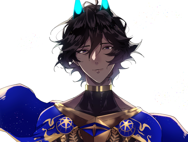 Anime picture 1586x1200 with fate (series) fate/grand order arjuna (fate) arjuna alter (fate) fuka (hk nemo) single looking at viewer fringe short hair black hair simple background hair between eyes white background upper body horn (horns) black eyes dark skin boy