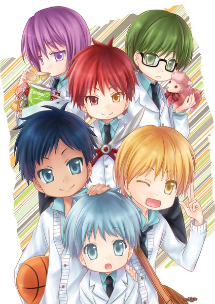 Anime picture 1000x1414 with kuroko no basket production i.g kuroko tetsuya kise ryouta aomine daiki akashi seijuurou midorima shintarou murasakibara atsushi ishika tall image looking at viewer short hair open mouth blue eyes blonde hair smile purple eyes green eyes yellow eyes blue hair