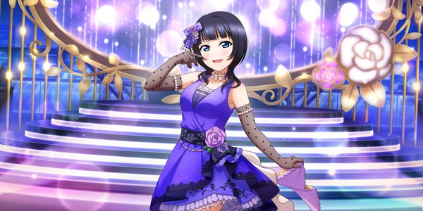 Anime picture 3600x1800 with love live! nijigasaki high school idol club sunrise (studio) love live! asaka karin single looking at viewer blush fringe highres short hair breasts open mouth blue eyes black hair smile wide image standing blunt bangs :d arm up