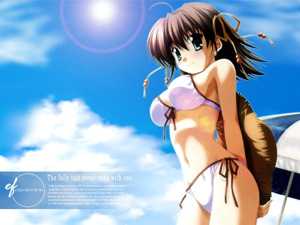Anime picture 1280x960 with ef shaft (studio) miyamura miyako breasts light erotic sky swimsuit hat bikini side-tie bikini white bikini