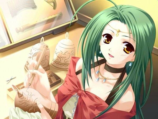 Anime picture 1024x768 with sorairo no organ (game) minase lin yellow eyes game cg green hair girl