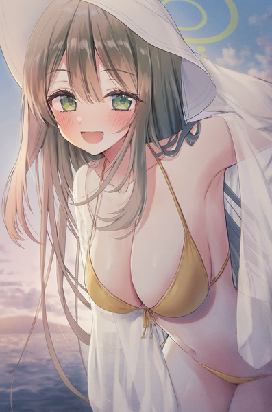 Anime picture 1323x2000 with blue archive nonomi (blue archive) nonomi (swimsuit) (blue archive) kuro futoshi single long hair tall image looking at viewer blush fringe breasts open mouth light erotic hair between eyes brown hair large breasts green eyes sky outdoors :d
