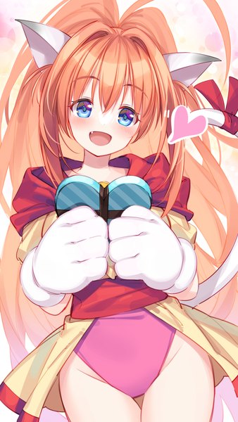 Anime picture 563x1000 with yuukyuu gensoukyoku melody sinclair bucchake (asami) single tall image fringe open mouth blue eyes light erotic hair between eyes holding animal ears ponytail tail very long hair :d animal tail cat ears orange hair cat girl