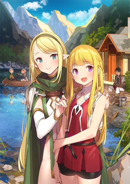 Anime picture 566x800 with original popqn long hair tall image looking at viewer blush fringe short hair open mouth black hair blonde hair smile standing sitting purple eyes multiple girls green eyes looking away pink hair sky