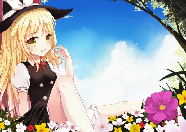 Anime picture 1772x1253 with touhou kirisame marisa flan (seeyouflan) single long hair looking at viewer blush highres blonde hair smile sitting yellow eyes sky cloud (clouds) bent knee (knees) short sleeves puffy sleeves grin girl flower (flowers)