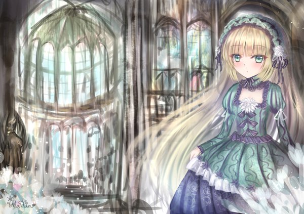 Anime picture 5016x3541 with gosick studio bones victorique de blois martinreaction single looking at viewer blush fringe highres blonde hair standing green eyes signed payot absurdres cleavage indoors blunt bangs very long hair sunlight