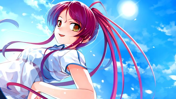 Anime picture 2048x1160 with suiheisen made nan mile? miyamae tomoka single long hair looking at viewer blush highres open mouth smile wide image yellow eyes sky cloud (clouds) ponytail red hair sunlight from below hand on hip wet clothes girl