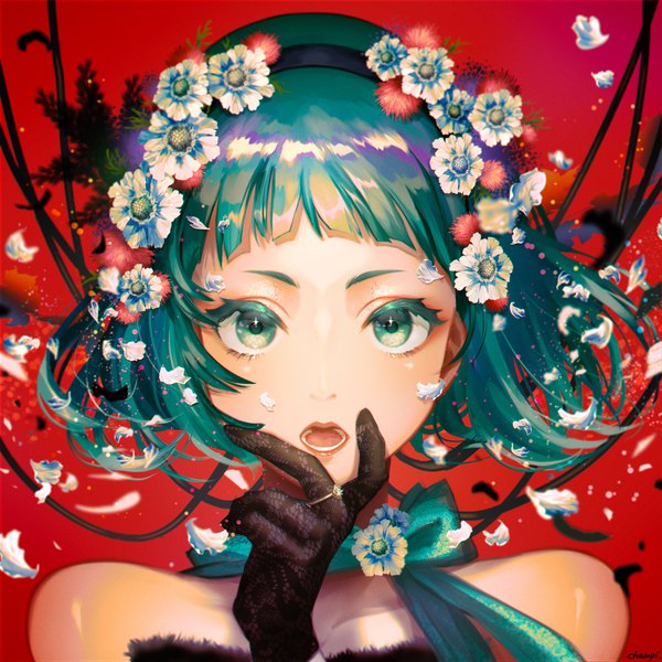 Anime picture 4000x4000 with original champi single looking at viewer fringe highres short hair open mouth absurdres upper body hair flower aqua eyes aqua hair portrait red background girl gloves flower (flowers) petals black gloves