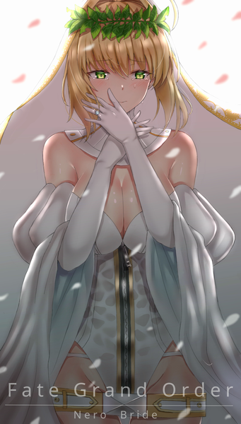Anime picture 960x1686 with fate (series) fate/extra fate/extra ccc nero claudius (fate) (all) nero claudius (bride) (fate) farys (afopahqfw) single tall image blush fringe short hair breasts light erotic blonde hair smile hair between eyes large breasts standing white background bare shoulders