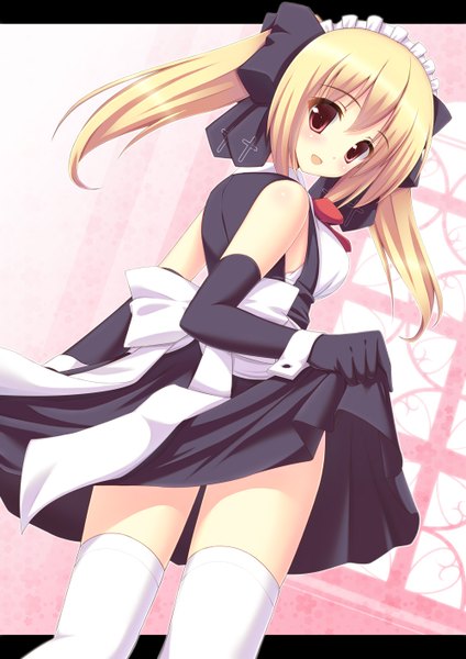 Anime picture 1000x1414 with original ichiroku single long hair tall image blush open mouth blonde hair red eyes twintails maid girl thighhighs gloves bow hair bow white thighhighs elbow gloves headdress maid headdress