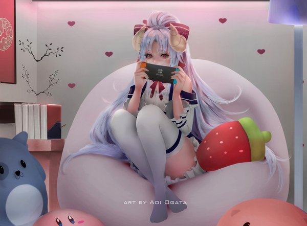 Anime picture 1800x1327 with kirby (series) virtual youtuber nintendo clip studio paint kirby aoi ogata single long hair looking at viewer fringe highres red eyes sitting holding signed silver hair full body bent knee (knees) indoors horn (horns)