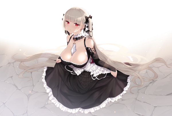 Anime picture 6260x4252 with azur lane formidable (azur lane) cait single looking at viewer blush fringe highres breasts light erotic simple background red eyes white background twintails bare shoulders absurdres cleavage full body blunt bangs very long hair