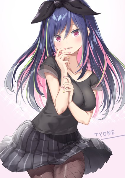 Anime picture 612x868 with original tyone single long hair tall image looking at viewer blush fringe breasts light erotic simple background hair between eyes signed blue hair pink hair nail polish parted lips pleated skirt pink eyes multicolored hair