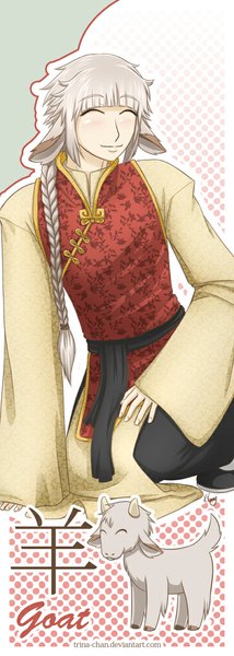 Anime picture 400x1120 with original trina-chan (artist) single long hair tall image blush fringe smile animal ears braid (braids) eyes closed traditional clothes grey hair wide sleeves single braid floral print chinese clothes squat polka dot polka dot background
