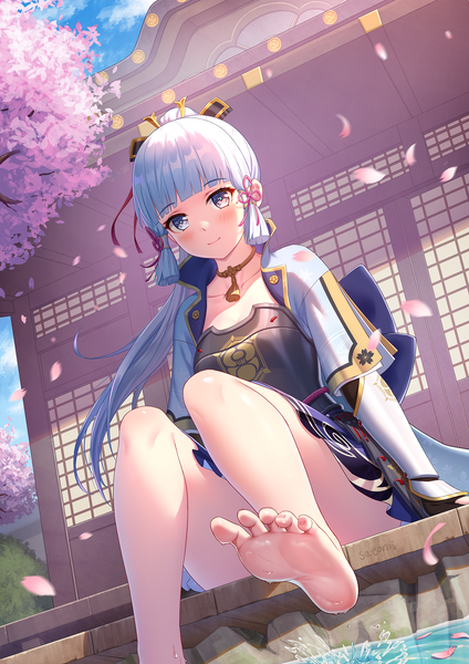 Anime picture 1000x1416 with genshin impact kamisato ayaka satomi (745684552) single long hair tall image looking at viewer blush fringe blue eyes sitting signed sky silver hair cloud (clouds) bent knee (knees) outdoors ponytail blunt bangs traditional clothes