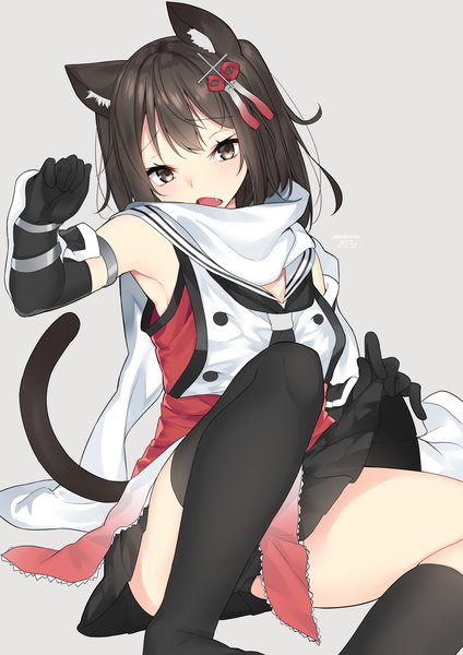 Anime picture 1447x2046 with kantai collection sendai light cruiser nebusoku single tall image looking at viewer blush fringe short hair open mouth light erotic black hair hair between eyes sitting bare shoulders signed animal ears tail animal tail pleated skirt