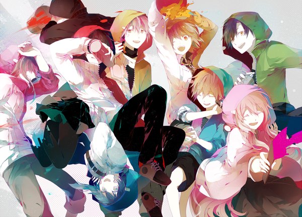 Anime picture 1000x723 with kagerou project shaft (studio) mary (kagerou project) ene (kagerou project) kisaragi shintarou kido tsubomi kano shuuya kisaragi momo konoha (kagerou project) seto kousuke amamiya hibiya aji77 (artist) long hair looking at viewer short hair open mouth blue eyes black hair blonde hair smile