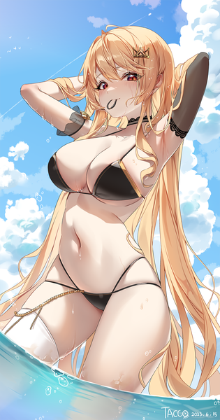 Anime picture 1000x1906 with original cream (cream) tacco (tikeworld) single tall image looking at viewer blush fringe breasts light erotic blonde hair hair between eyes red eyes large breasts standing holding signed sky cloud (clouds) very long hair