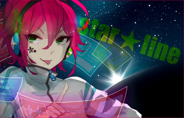 Anime picture 1200x768 with inazuma eleven kiyama hiroto single short hair green eyes pink hair inscription boy tongue headphones star (symbol) star (stars)