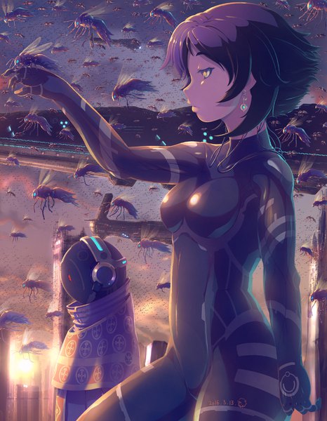 Anime picture 1050x1350 with original rapama single tall image fringe breasts yellow eyes looking away purple hair profile arm up city glowing dated evening sunset cityscape glowing eye (eyes) expressionless girl
