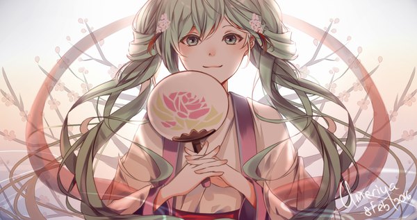 Anime picture 1700x900 with vocaloid hatsune miku chuushuu meigetsu miku ameriya single long hair looking at viewer wide image twintails green eyes signed upper body traditional clothes green hair dated chinese clothes alternate hairstyle girl fan paper fan