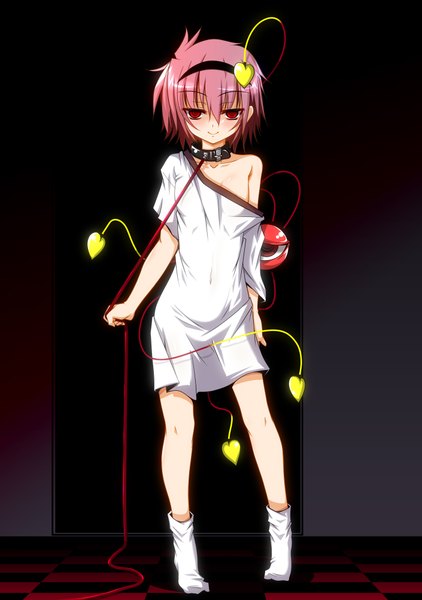 Anime picture 1409x2002 with touhou komeiji satori fumihiro single tall image looking at viewer blush fringe short hair hair between eyes red eyes bare shoulders pink hair indoors light smile off shoulder no shoes checkered floor floor eyes