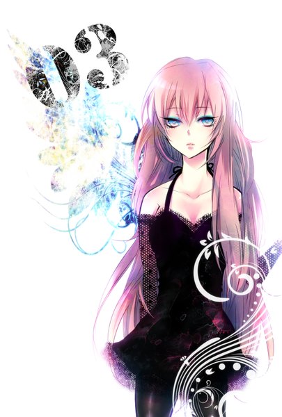 Anime picture 1181x1748 with vocaloid megurine luka kumogai otomaru (artist) single long hair tall image blue eyes pink hair girl dress gloves elbow gloves black dress