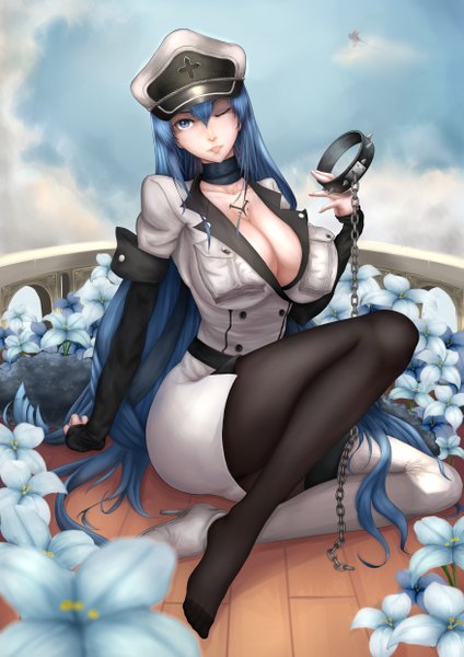 Anime picture 3507x4960 with akame ga kill! white fox esdeath hei1905 single long hair tall image looking at viewer blush highres breasts blue eyes light erotic smile large breasts sitting holding blue hair absurdres sky