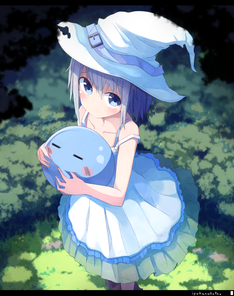 Anime picture 1186x1500 with original okota mikan single tall image looking at viewer fringe short hair blue eyes hair between eyes bare shoulders from above grey hair sleeveless hug strap slip girl plant (plants) hat grass witch hat
