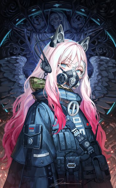 Anime picture 1236x2000 with original okuma mai single long hair tall image looking at viewer fringe blue eyes hair between eyes standing signed pink hair upper body multicolored hair two-tone hair skeleton fake wings camouflage girl wings