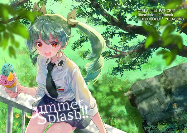 Anime picture 1200x853 with girls und panzer anchovy (girls und panzer) macho ojiji single long hair looking at viewer fringe open mouth smile hair between eyes sitting twintails holding signed payot ahoge outdoors :d pleated skirt green hair