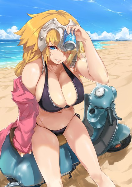 Anime picture 900x1273 with fate (series) fate/apocrypha jeanne d'arc (fate) (all) jeanne d'arc (fate) ohland single long hair tall image blush fringe breasts blue eyes light erotic blonde hair hair between eyes sitting holding sky cloud (clouds) parted lips