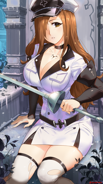 Anime picture 1080x1920 with kono subarashii sekai ni shukufuku wo! akame ga kill! white fox studio deen esdeath wiz (konosuba) sendrawz single long hair tall image looking at viewer blush fringe breasts brown hair large breasts sitting holding brown eyes signed