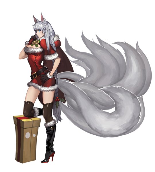 Anime picture 1500x1667 with league of legends ahri (league of legends) tyutii single long hair tall image fringe breasts simple background standing white background animal ears looking away silver hair tail animal tail aqua eyes high heels alternate costume hand on hip