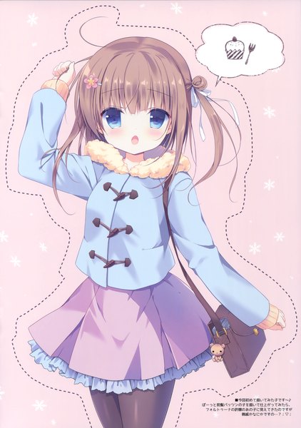 Anime picture 2676x3800 with miyasaka miyu single long hair tall image looking at viewer blush highres open mouth blue eyes brown hair twintails scan girl skirt jacket bag snowflake (snowflakes) speech bubble