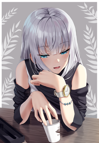 Anime picture 900x1302 with original superpig (wlstjqdla) single long hair tall image blush fringe open mouth blue eyes simple background smile hair between eyes sitting holding looking away silver hair upper body blunt bangs long sleeves fingernails