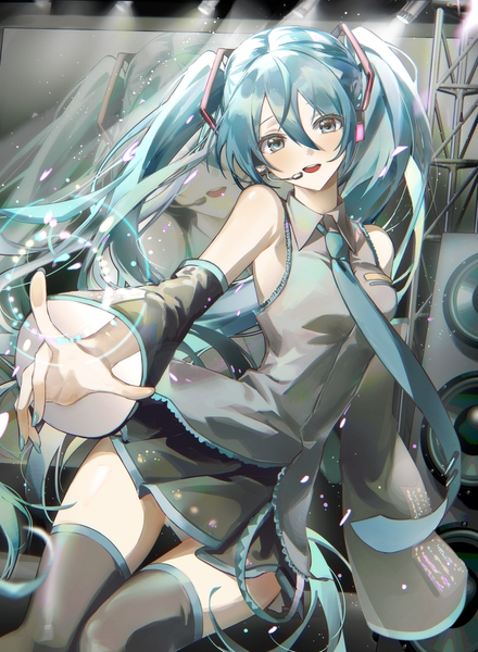 Anime picture 1500x2047 with vocaloid hatsune miku zuzu (wckd7545) single tall image looking at viewer fringe open mouth hair between eyes twintails very long hair nail polish :d aqua eyes aqua hair light aqua nail polish girl thighhighs black thighhighs